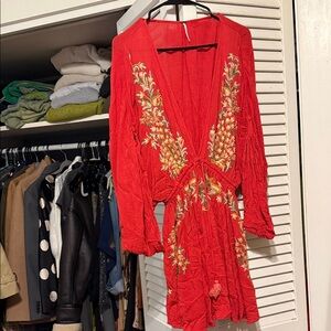 Free people Elegant Red Floral Embroidered Dress